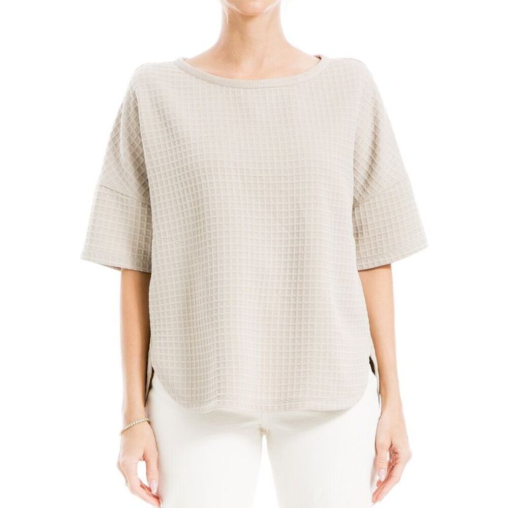 Max Studio Beige Textured Waffle Knit Short Sleeve Top